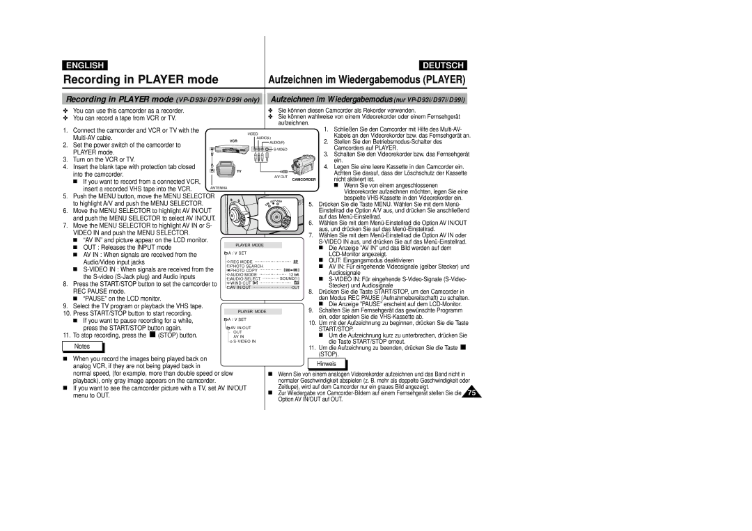 Samsung VP D 93 i manual Recording in Player mode VP-D93i/D97i/D99i only 