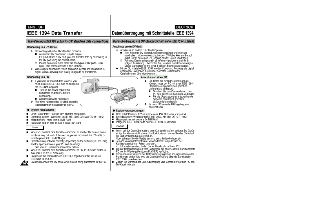 Samsung VP D 93 i manual Ieee 1394 Data Transfer 