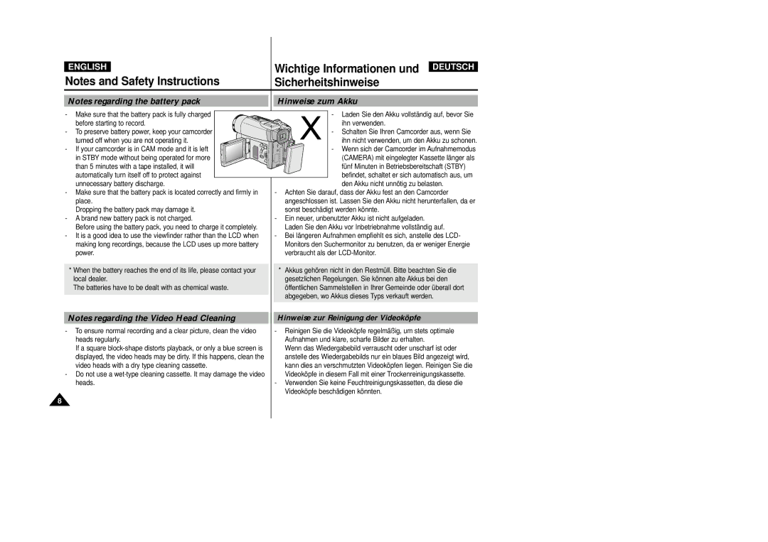 Samsung VP D 93 i manual Hinweise zum Akku, Hinweise zur Reinigung der Videoköpfe 