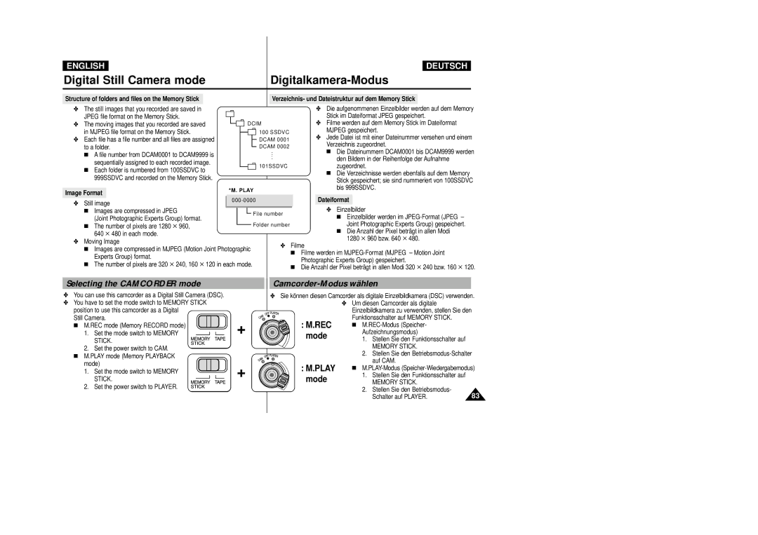 Samsung VP D 93 i manual Selecting the Camcorder mode, Camcorder-Modus wählen, Image Format, Dateiformat 