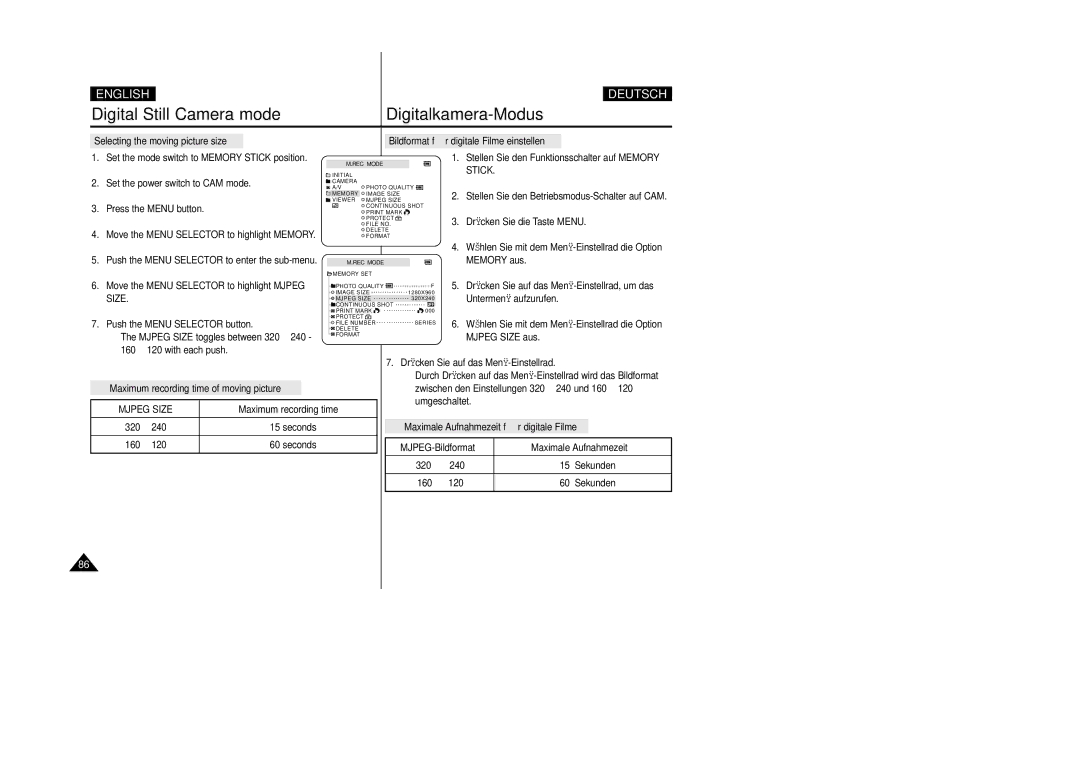 Samsung VP D 93 i manual Maximum recording time of moving picture, Maximale Aufnahmezeit fü r digitale Filme 