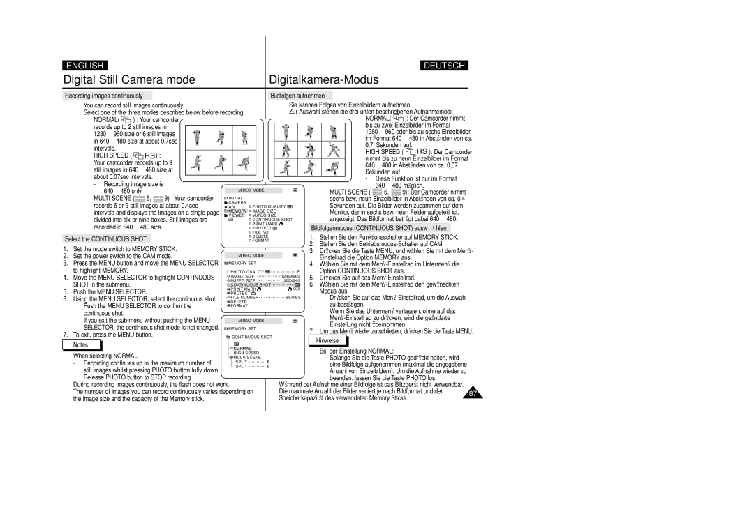 Samsung VP D 93 i Recording images continuously, Bildfolgenmodus Continuous Shot auswä hlen, Select the Continuous Shot 