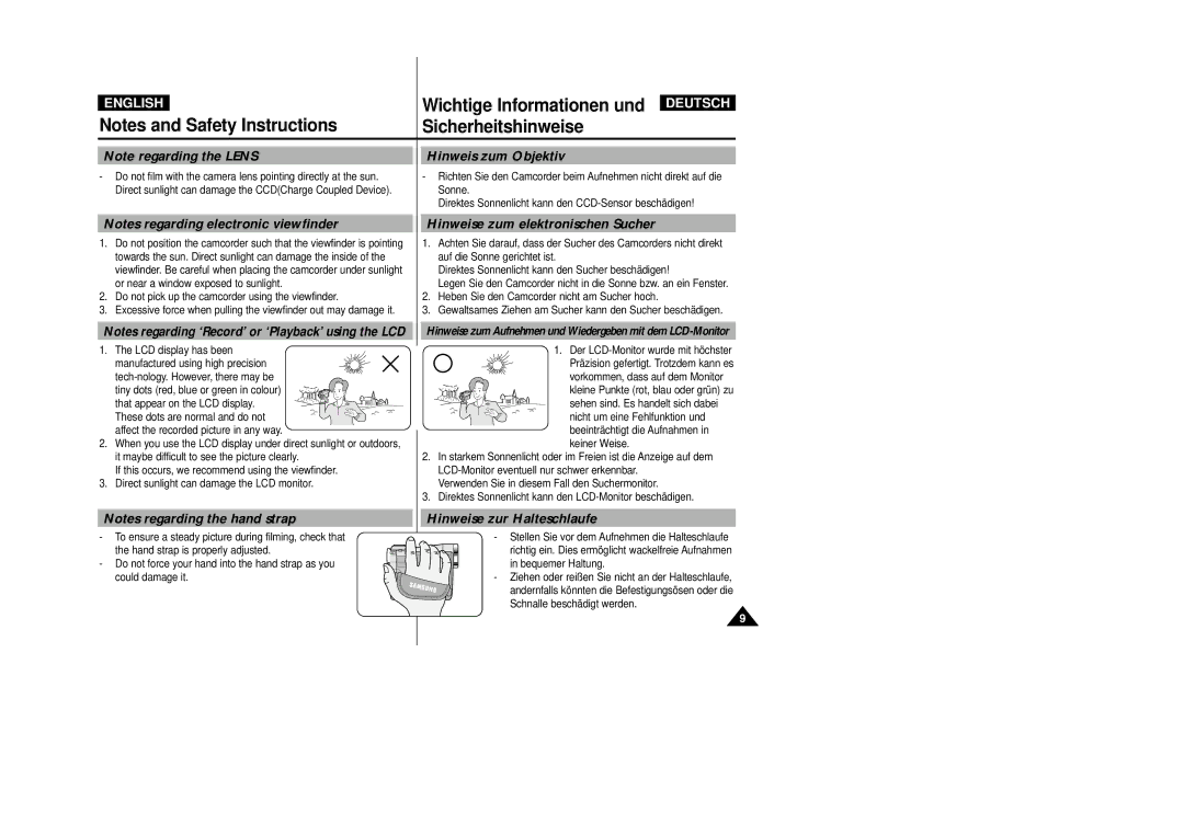 Samsung VP D 93 i manual Hinweis zum Objektiv, Hinweise zum elektronischen Sucher, Hinweise zur Halteschlaufe 