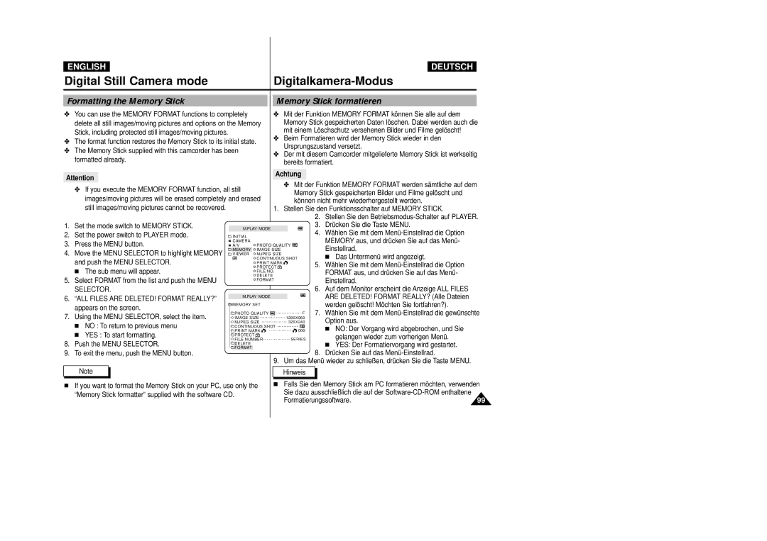 Samsung VP D 93 i manual Formatting the Memory Stick Memory Stick formatieren, Achtung, Selector 