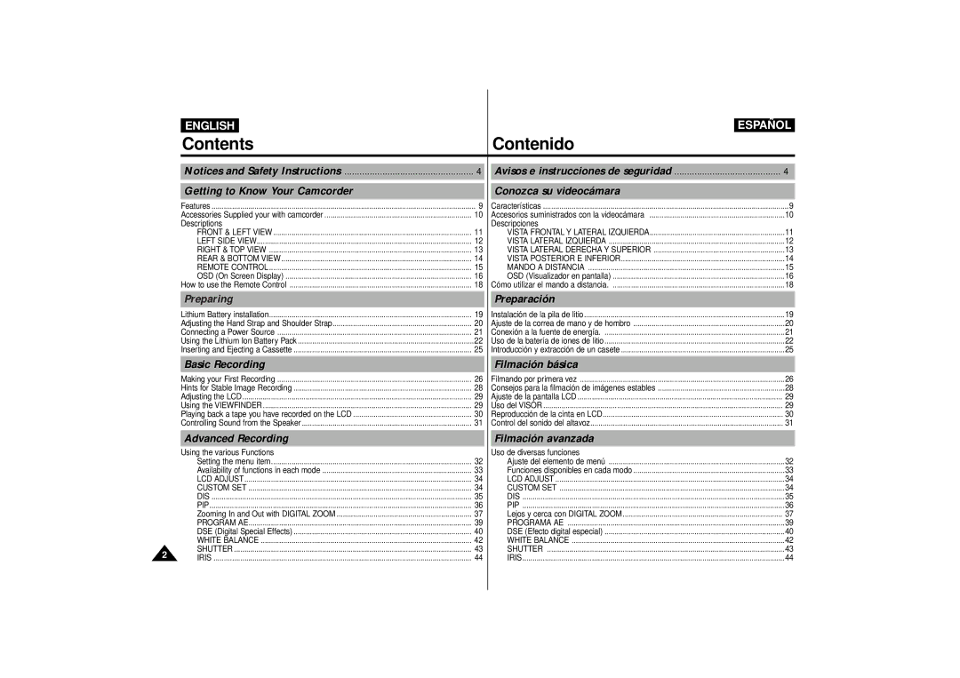 Samsung VP-D10i, VP-D15i, VP-D11i manual Contents Contenido 