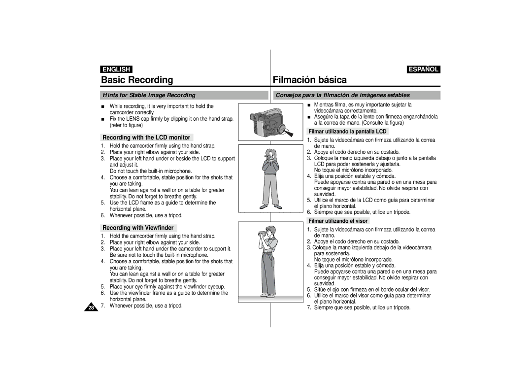 Samsung VP-D11i, VP-D10 manual Recording with the LCD monitor, Recording with Viewfinder, Filmar utilizando la pantalla LCD 