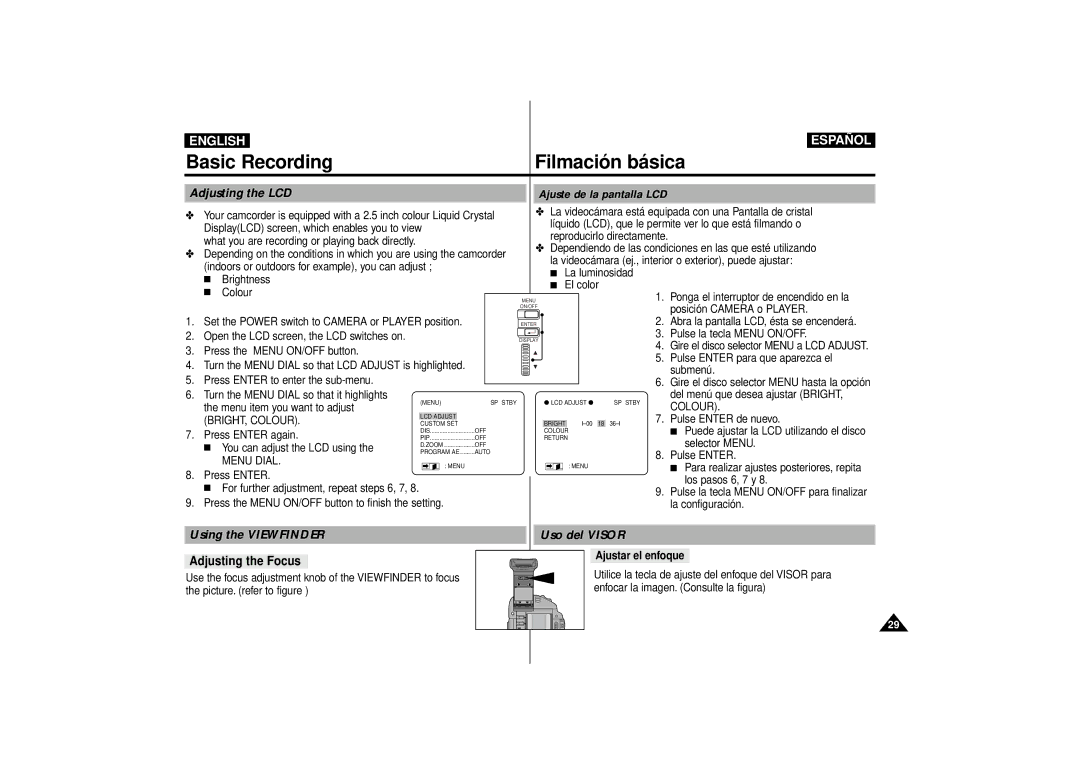 Samsung VP-D11, VP-D10 manual Adjusting the LCD, Using the Viewfinder Uso del Visor, Adjusting the Focus, Ajustar el enfoque 