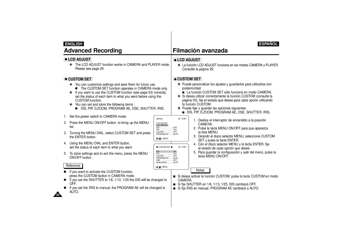 Samsung VP-D11i, VP-D10i LCD Adjust, Custom SET, DIS, PIP, D.ZOOM, Program AE, DSE, SHUTTER, Iris, Camera OFF, Auto 