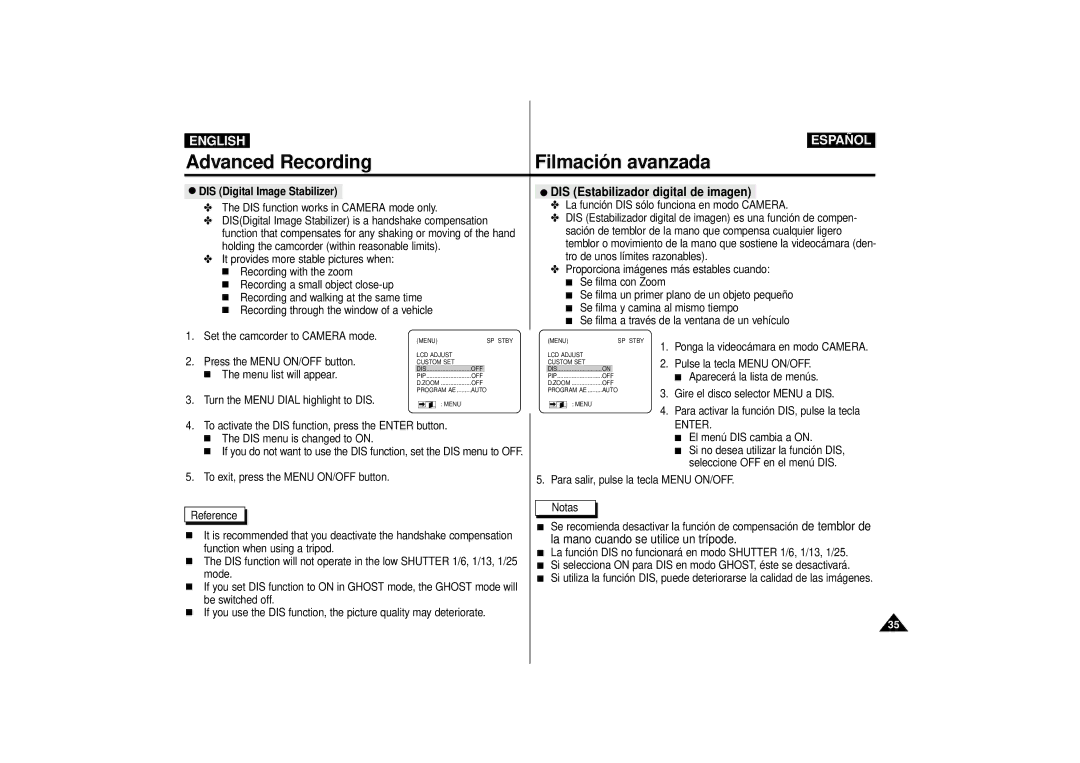 Samsung VP-D10i, VP-D15i, VP-D11i manual DIS Estabilizador digital de imagen, Enter 