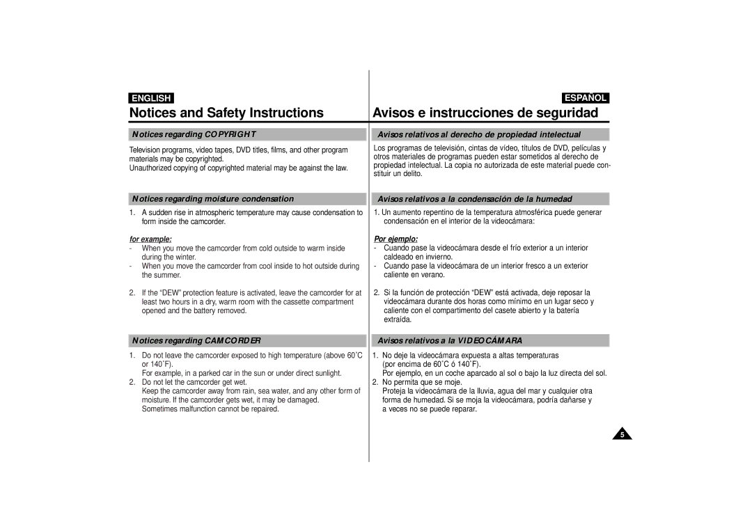 Samsung VP-D11 Avisos relativos al derecho de propiedad intelectual, Avisos relativos a la condensación de la humedad 