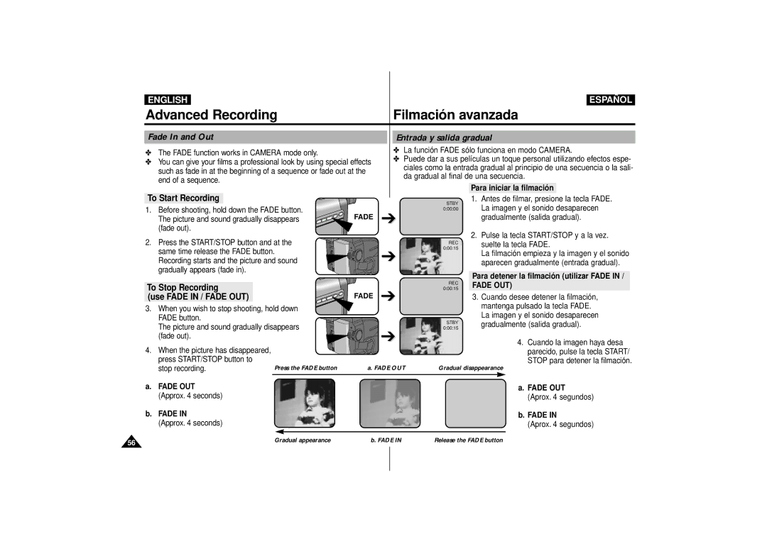 Samsung VP-D15 Fade In and Out Entrada y salida gradual, To Start Recording, To Stop Recording, Use Fade in / Fade OUT 