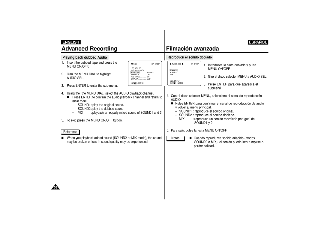 Samsung VP-D11i, VP-D10i, VP-D15i manual Menu ON/OFF, Audio SEL, Mix 