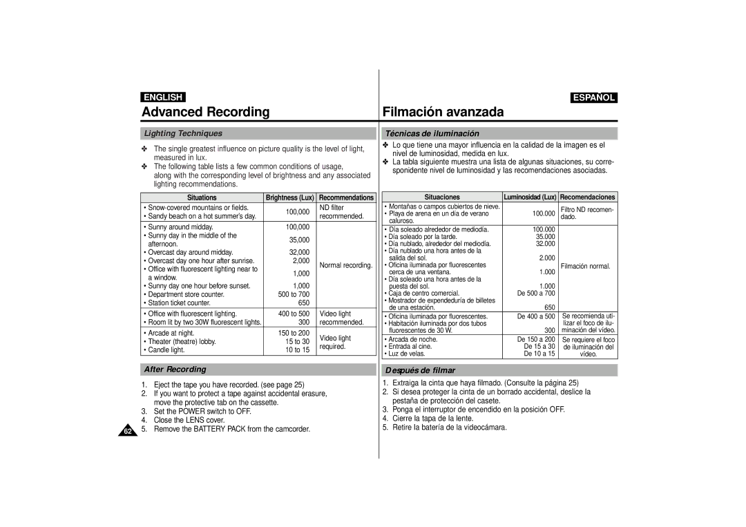 Samsung VP-D10i, VP-D15i, VP-D11i manual Lighting Techniques Técnicas de iluminación, After Recording Después de filmar 