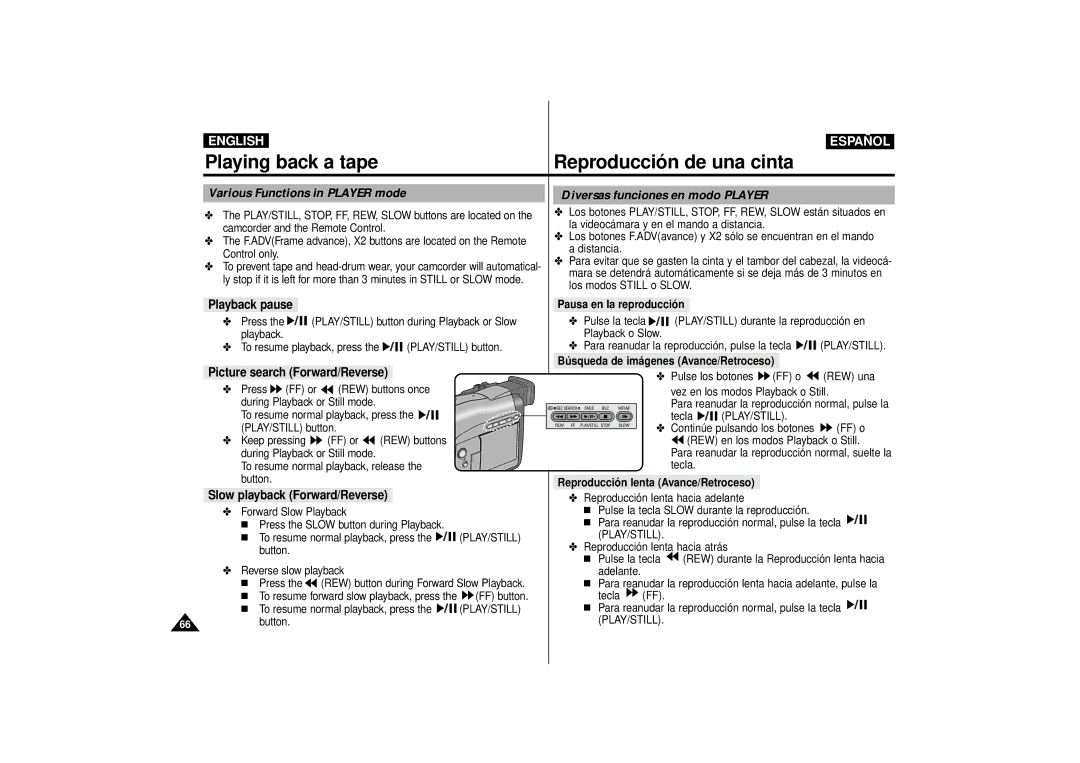 Samsung VP-D10i, VP-D15i, VP-D11i Various Functions in Player mode, Playback pause, Picture search Forward/Reverse 