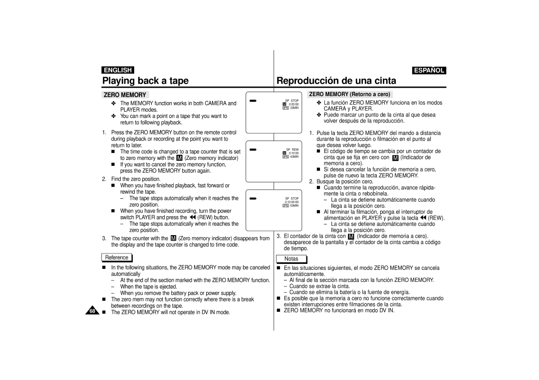 Samsung VP-D10i, VP-D15i, VP-D11i manual Zero Memory Retorno a cero 