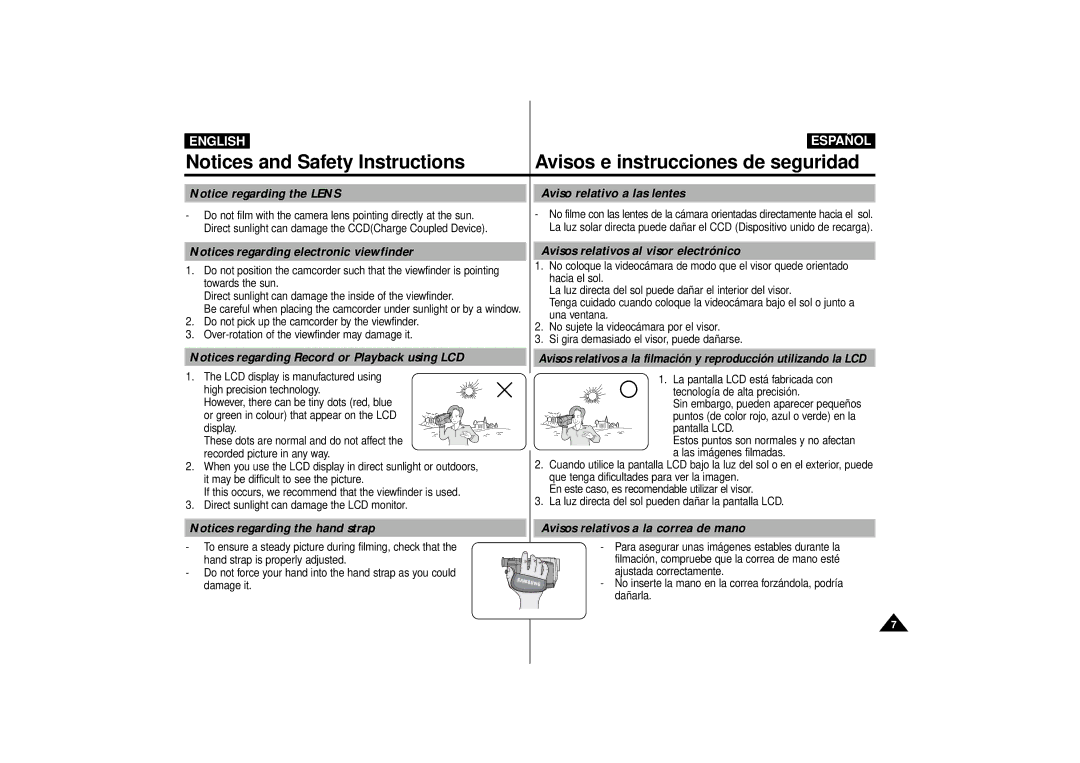 Samsung VP-D10i Aviso relativo a las lentes, Avisos relativos al visor electrónico, Avisos relativos a la correa de mano 