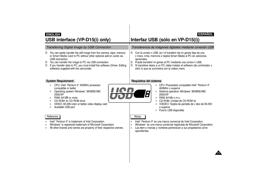 Samsung VP-D11 manual USB interface VP-D15i only Interfaz USB sólo en VP-D15i, Transferring Digital Image by USB Connection 