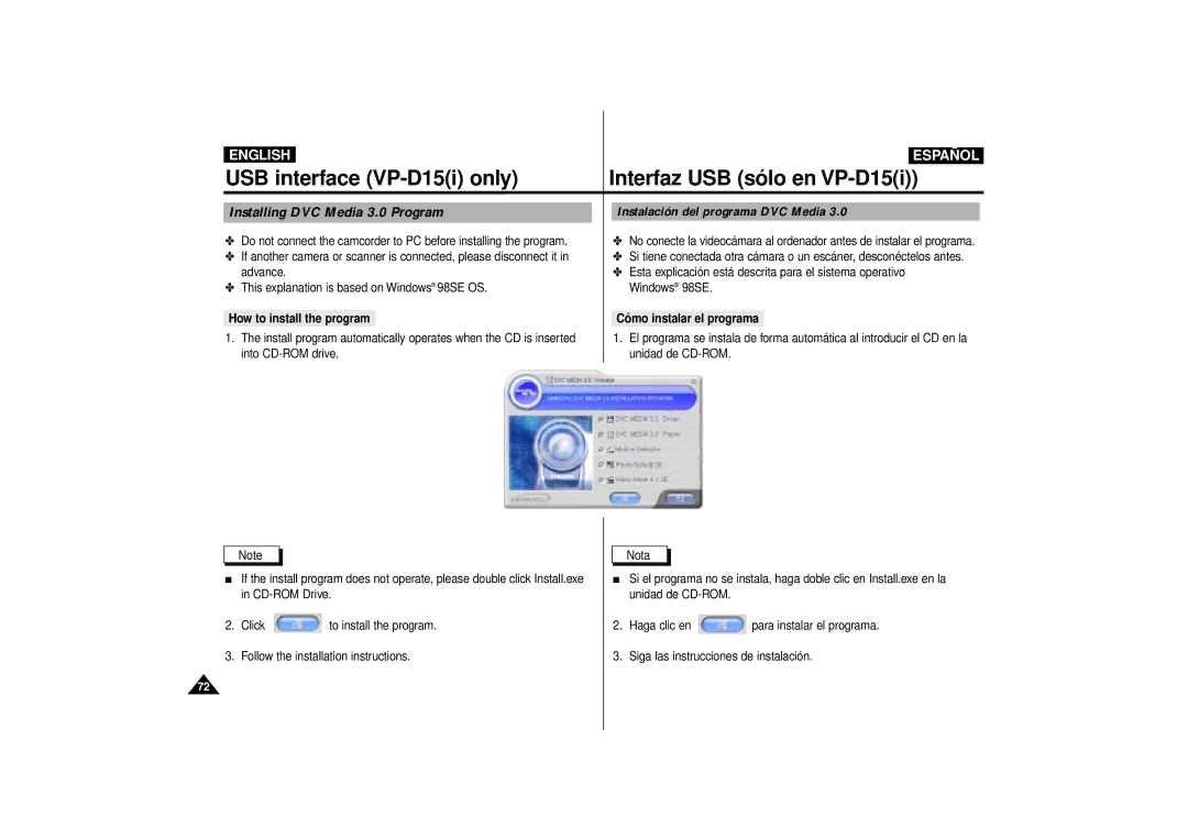 Samsung VP-D10i, VP-D15i, VP-D11i manual Installing DVC Media 3.0 Program, Instalación del programa DVC Media 