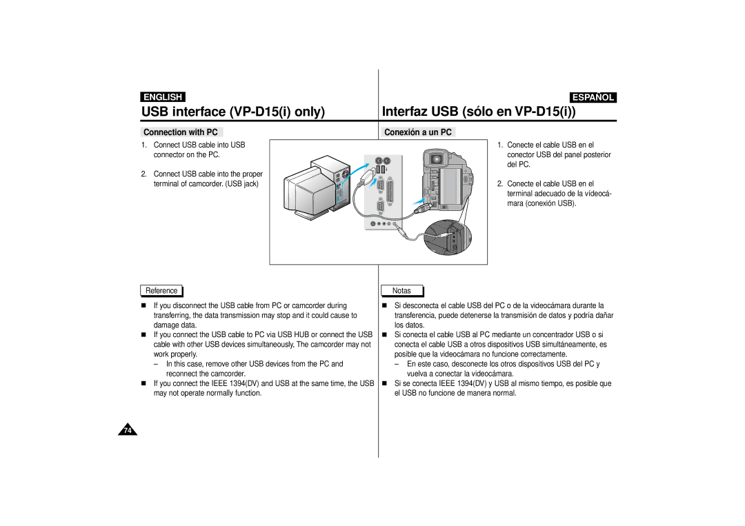 Samsung VP-D10i, VP-D15i, VP-D11i manual Connection with PC Conexión a un PC 