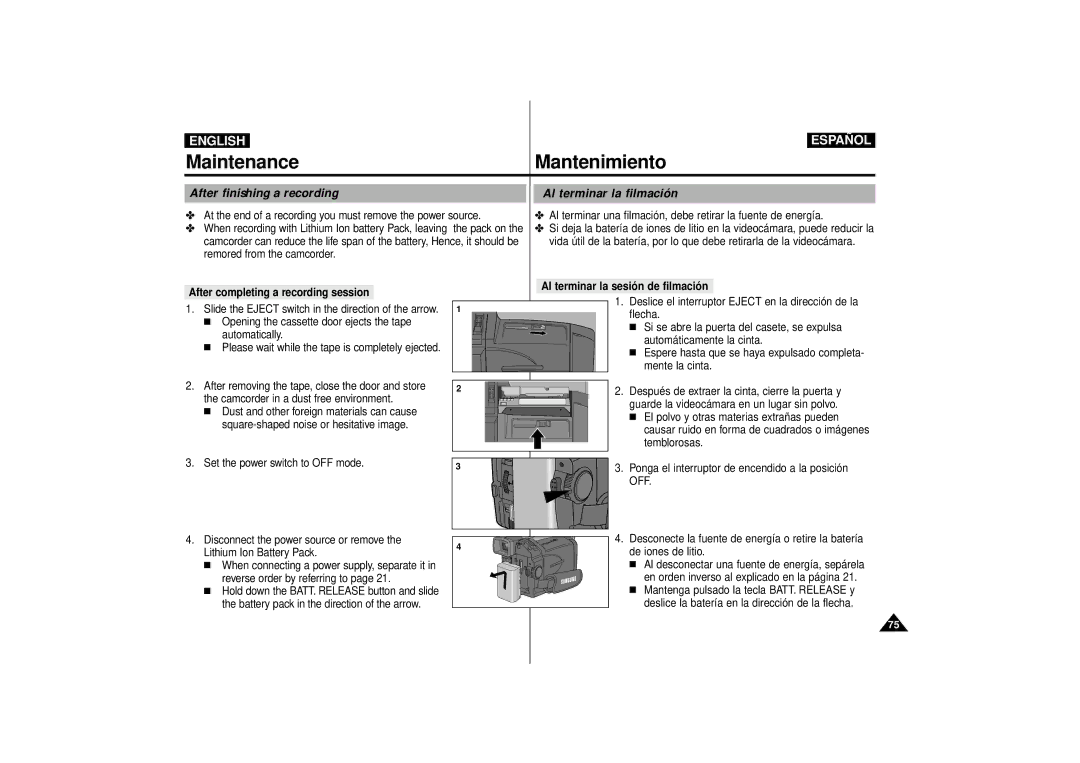 Samsung VP-D15i, VP-D10i, VP-D11i manual Maintenance Mantenimiento, After finishing a recording Al terminar la filmación 
