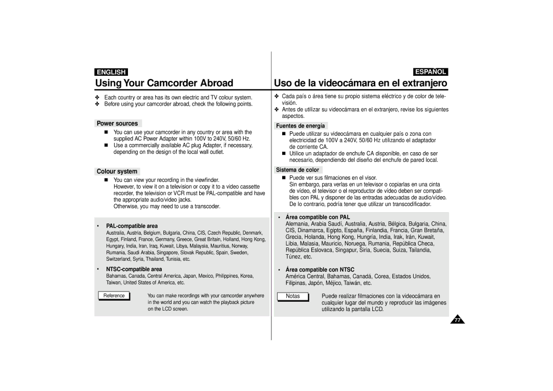 Samsung VP-D10i, VP-D15i, VP-D11i manual Using Your Camcorder Abroad, Power sources, Colour system 