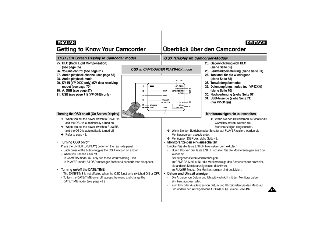 Samsung VP-D10i, VP-D11i, VP-D15i, VP-D10, VP-D11, VP-D15 manual Turning OSD on/off Monitoranzeigen ein-/ausschalten 