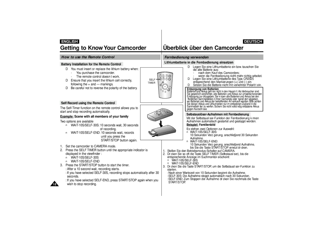 Samsung VP-D10, VP-D11, VP-D15 How to use the Remote Control Fernbedienung verwenden, WAIT-10S/SELF-30S, WAIT-10S/SELF-END 