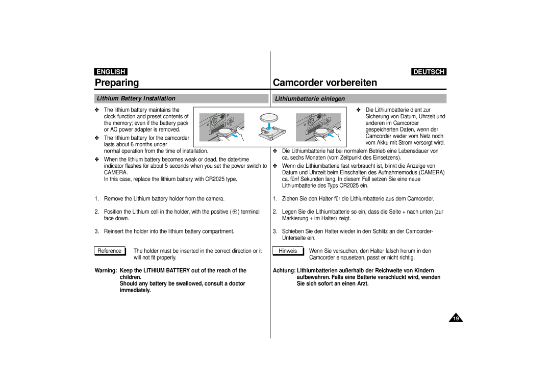 Samsung VP-D10i, VP-D11i, VP-D15i, VP-D10, VP-D11, VP-D15 manual Preparing Camcorder vorbereiten, Camera, Children 