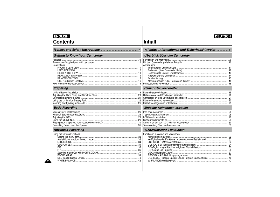 Samsung VP-D10i, VP-D11i, VP-D15i, VP-D10, VP-D11, VP-D15 manual Contents Inhalt 