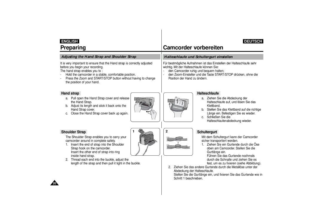 Samsung VP-D10, VP-D11, VP-D15 manual Hand strap Halteschlaufe, Shoulder Strap, 2Schultergurt 