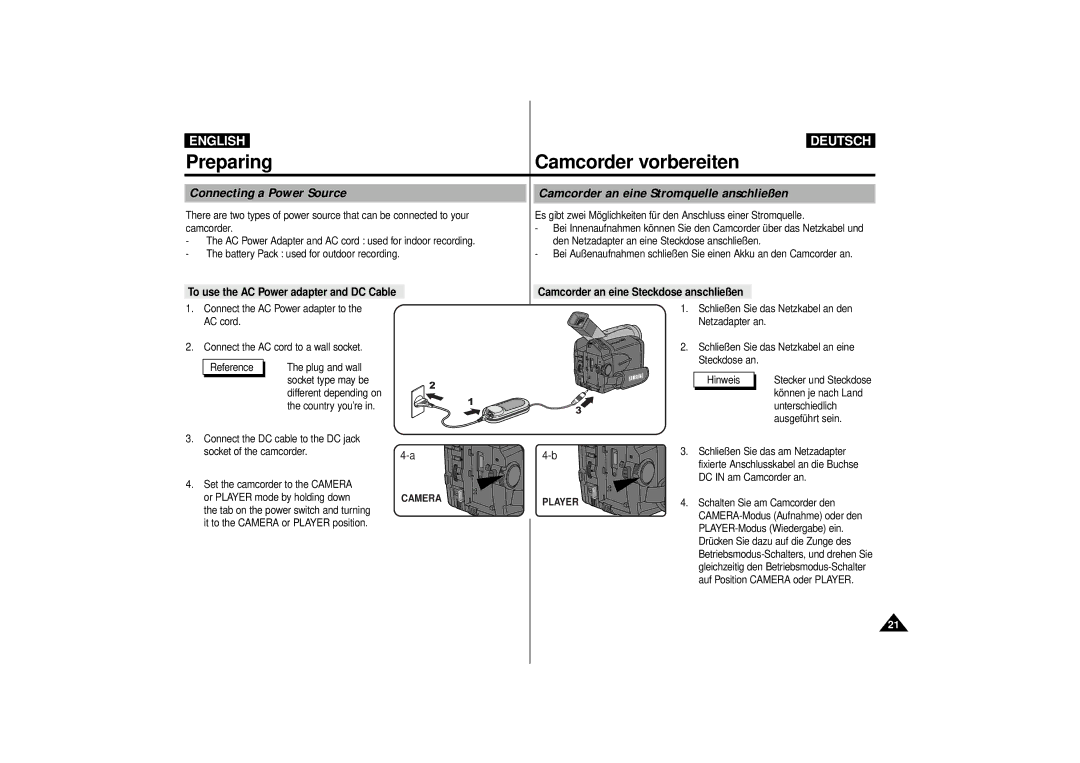 Samsung VP-D10i, VP-D11i, VP-D15i, VP-D10, VP-D11, VP-D15 manual Camcorder an eine Steckdose anschließen 