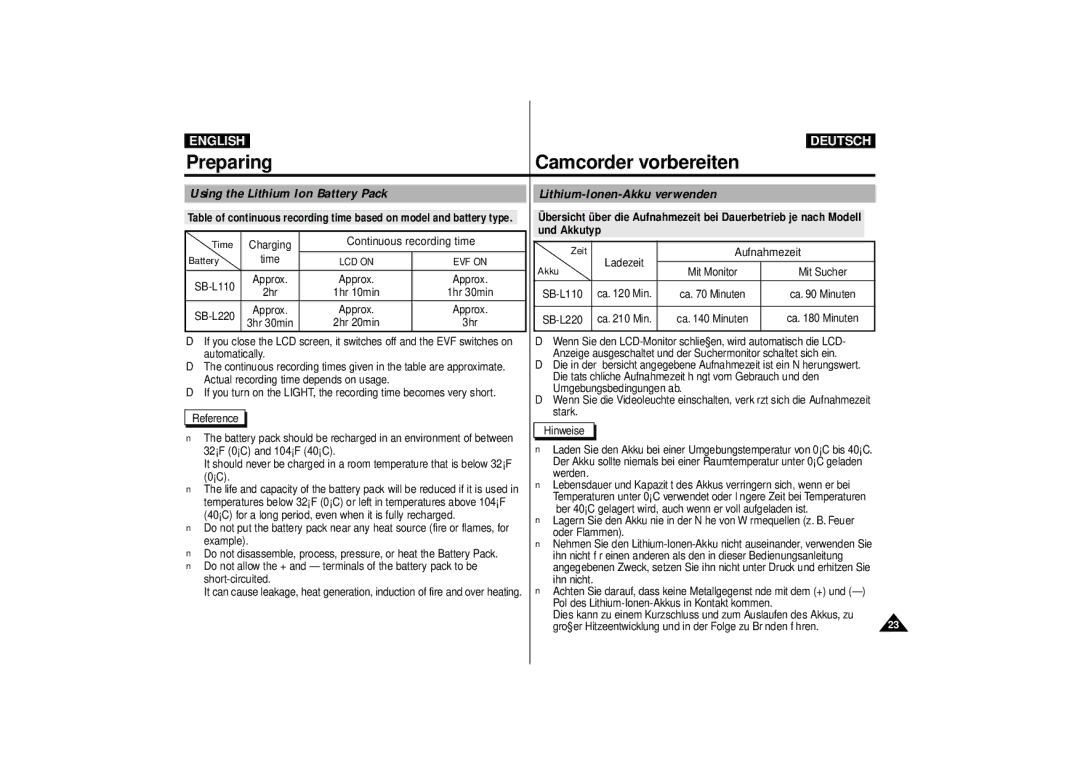 Samsung VP-D10i, VP-D11i, VP-D15i, VP-D10, VP-D11, VP-D15 manual Preparing Camcorder vorbereiten, Und Akkutyp 