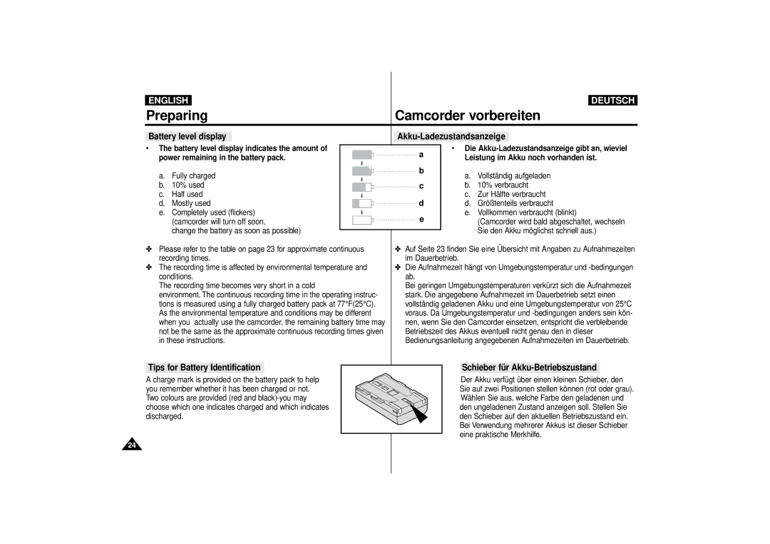 Samsung VP-D10, VP-D11, VP-D15 Battery level display Akku-Ladezustandsanzeige, Battery level display indicates the amount 