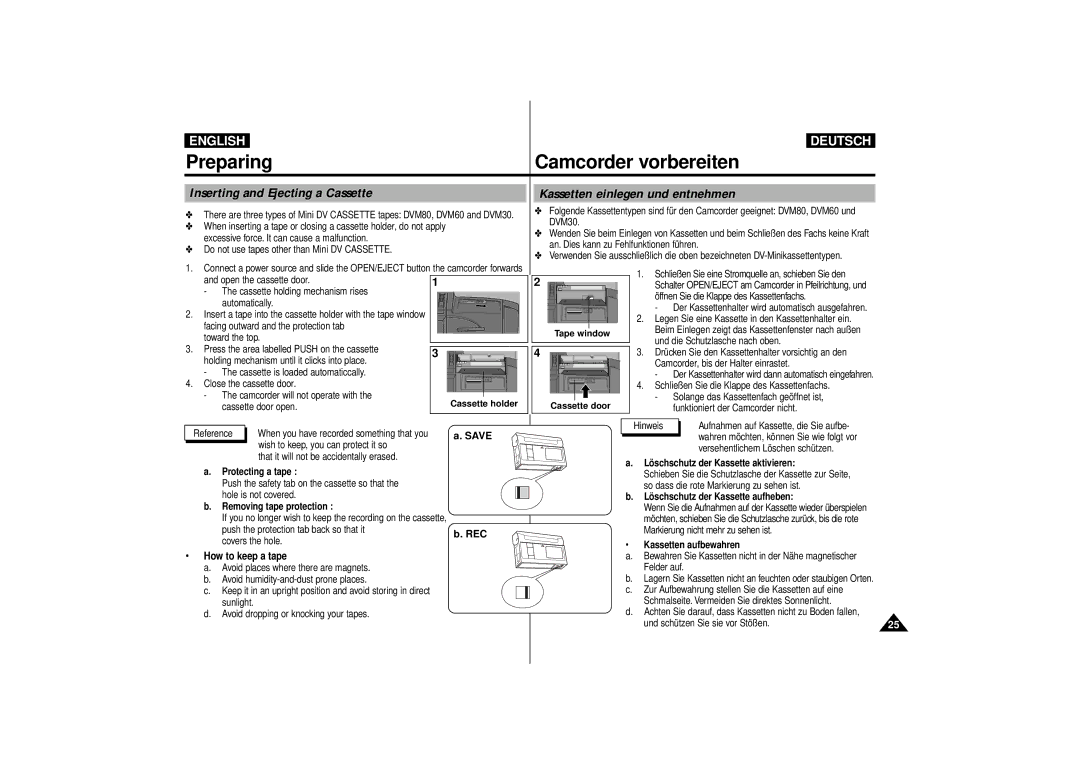 Samsung VP-D10i, VP-D11i, VP-D15i, VP-D10, VP-D11, VP-D15 manual Save, Rec, How to keep a tape 