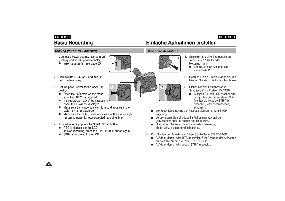 Samsung VP-D10, VP-D11, VP-D15 manual Basic Recording Einfache Aufnahmen erstellen 