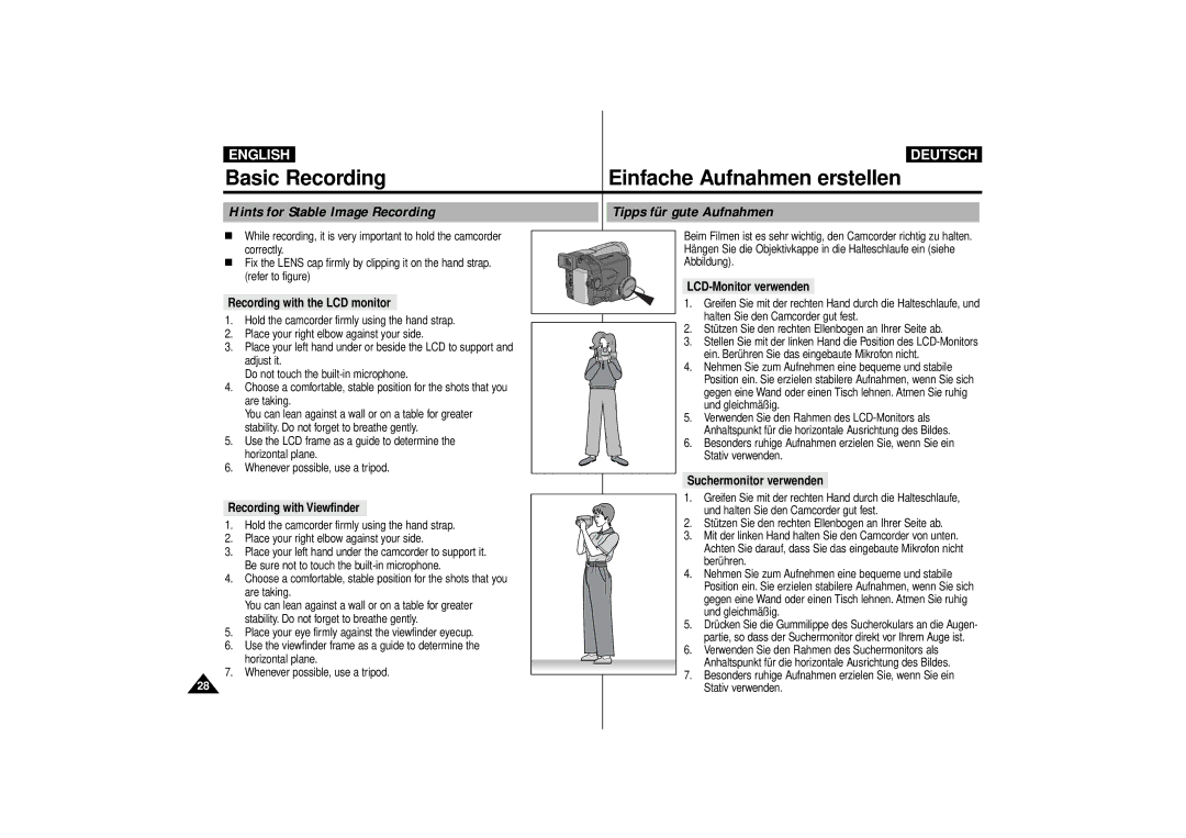 Samsung VP-D10, VP-D11, VP-D15 manual Hints for Stable Image Recording Tipps für gute Aufnahmen, LCD-Monitor verwenden 