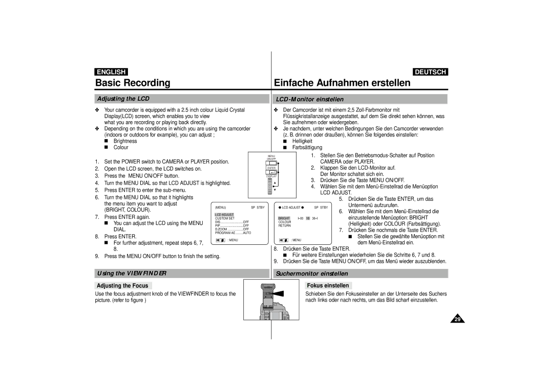 Samsung VP-D10i, VP-D11i, VP-D15i, VP-D10, VP-D11, VP-D15 Adjusting the LCD LCD-Monitor einstellen, Using the Viewfinder 