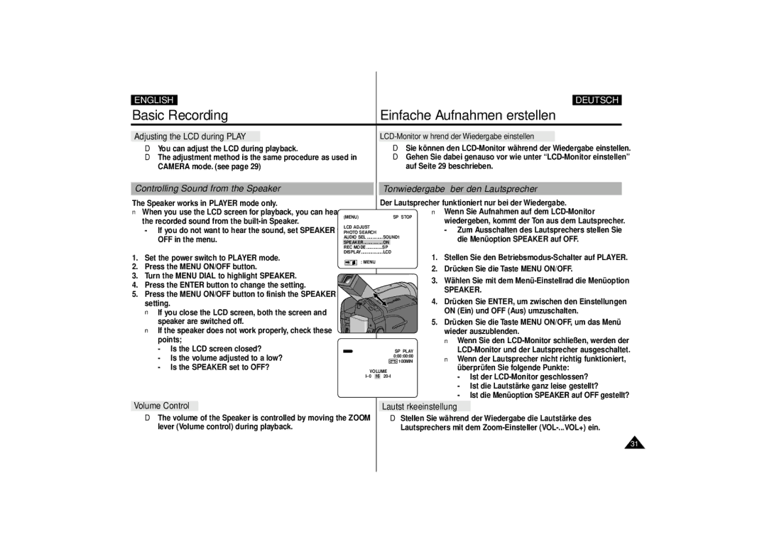 Samsung VP-D10i, VP-D11i, VP-D15i, VP-D10, VP-D11, VP-D15 manual Adjusting the LCD during Play, Speaker 