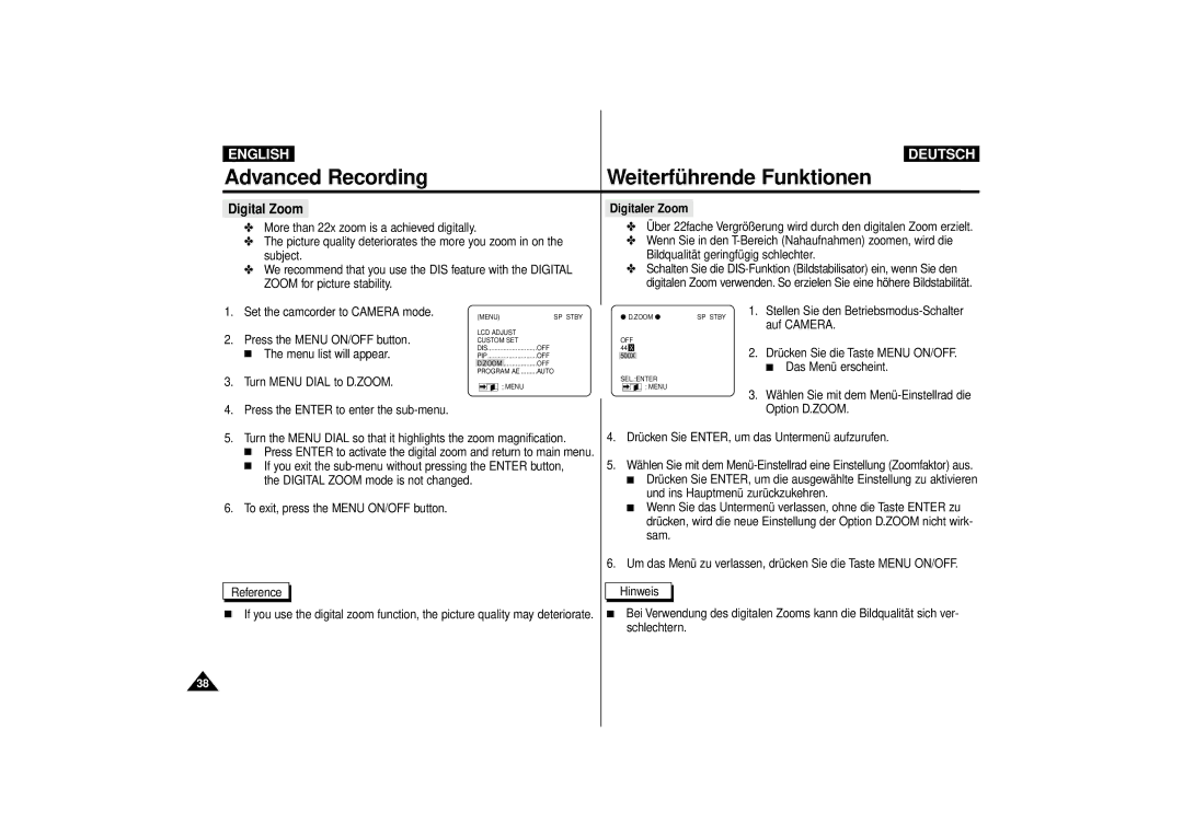 Samsung VP-D10i, VP-D11i, VP-D15i, VP-D10, VP-D11, VP-D15 manual Digital Zoom, Digitaler Zoom 