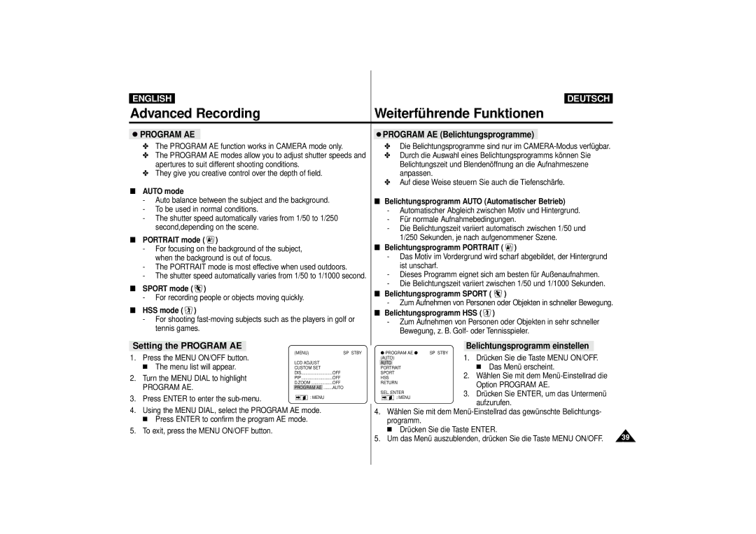 Samsung VP-D10i, VP-D11i, VP-D15i, VP-D10, VP-D11, VP-D15 manual Program AE Belichtungsprogramme 