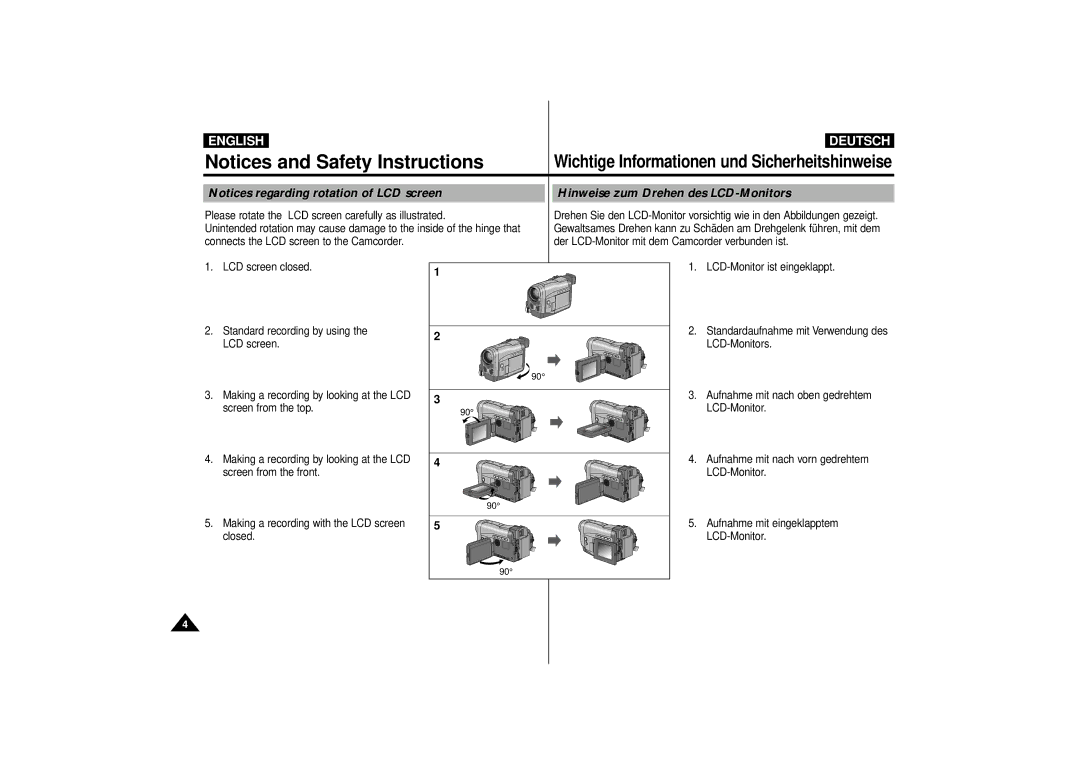 Samsung VP-D10, VP-D11, VP-D15 manual Wichtige Informationen und Sicherheitshinweise, Hinweise zum Drehen des LCD-Monitors 