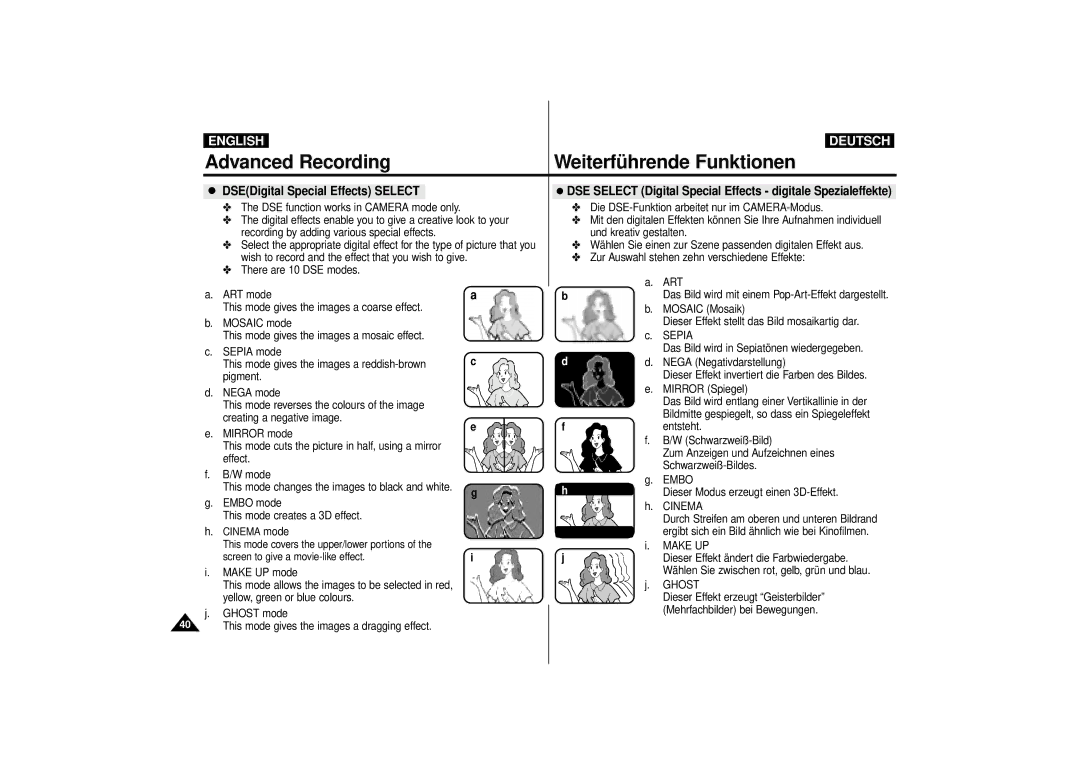 Samsung VP-D10i, VP-D11i, VP-D15i, VP-D10, VP-D11, VP-D15 manual Art, Sepia, Cinema, Make UP, Ghost 