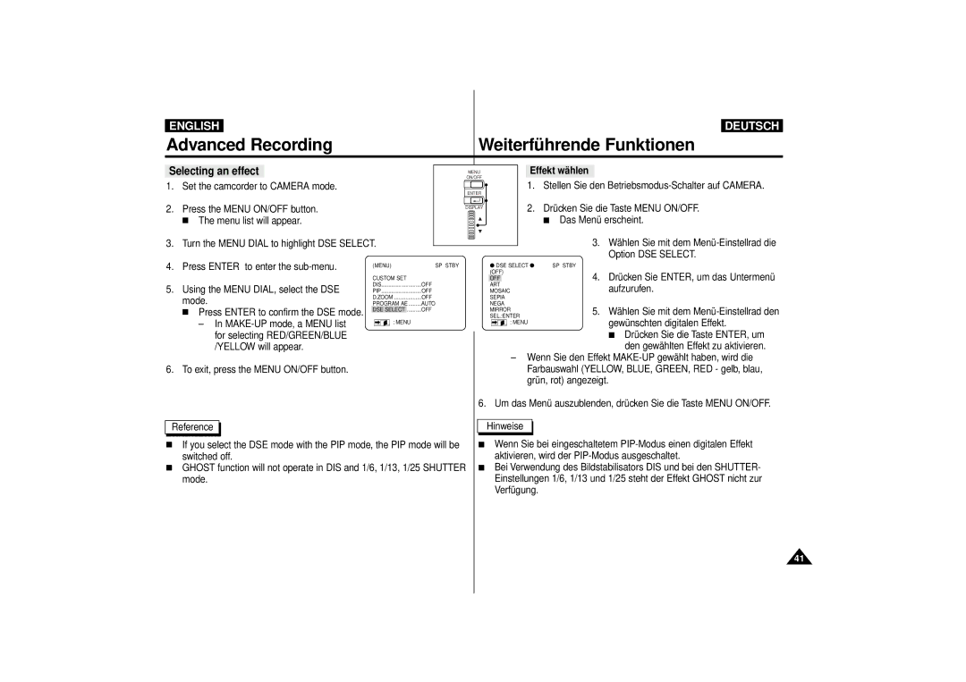 Samsung VP-D10i, VP-D11i, VP-D15i, VP-D10, VP-D11, VP-D15 manual Advanced Recording, Selecting an effect, Effekt wählen 