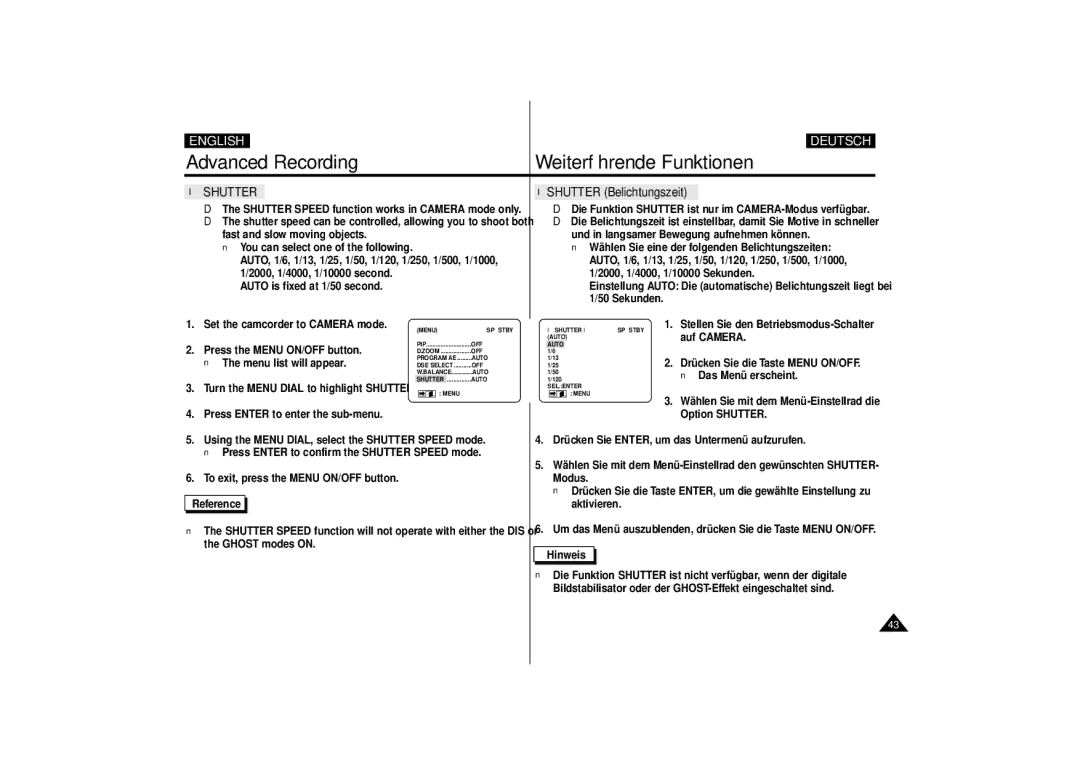 Samsung VP-D10i, VP-D11i, VP-D15i, VP-D10, VP-D11, VP-D15 manual Shutter Belichtungszeit 