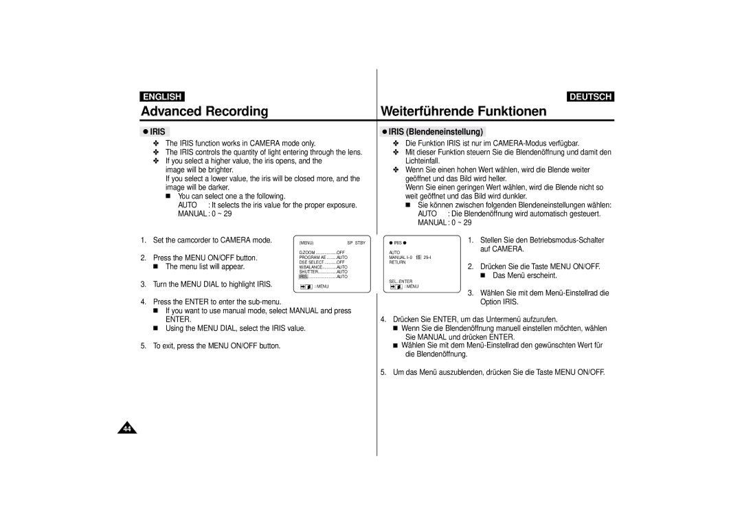 Samsung VP-D10i, VP-D11i, VP-D15i, VP-D10, VP-D11, VP-D15 manual Iris Blendeneinstellung, Enter 