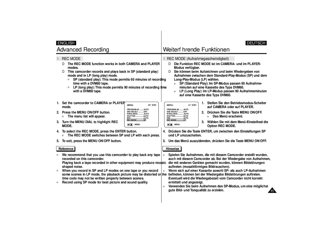 Samsung VP-D10i, VP-D11i, VP-D15i, VP-D10, VP-D11, VP-D15 manual REC Mode Aufnahmegeschwindigkeit 