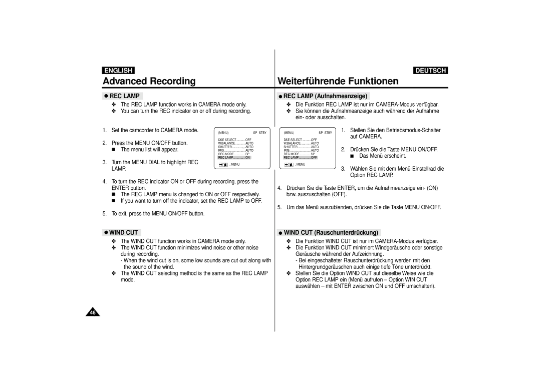 Samsung VP-D10, VP-D11, VP-D15 manual REC Lamp Aufnahmeanzeige, Wind CUT Rauschunterdrückung 