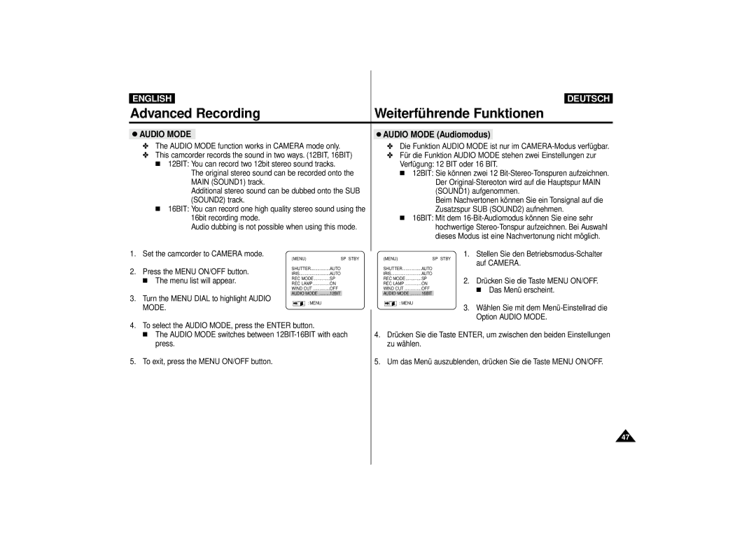 Samsung VP-D10i, VP-D11i, VP-D15i, VP-D10, VP-D11, VP-D15 manual Audio Mode Audiomodus 