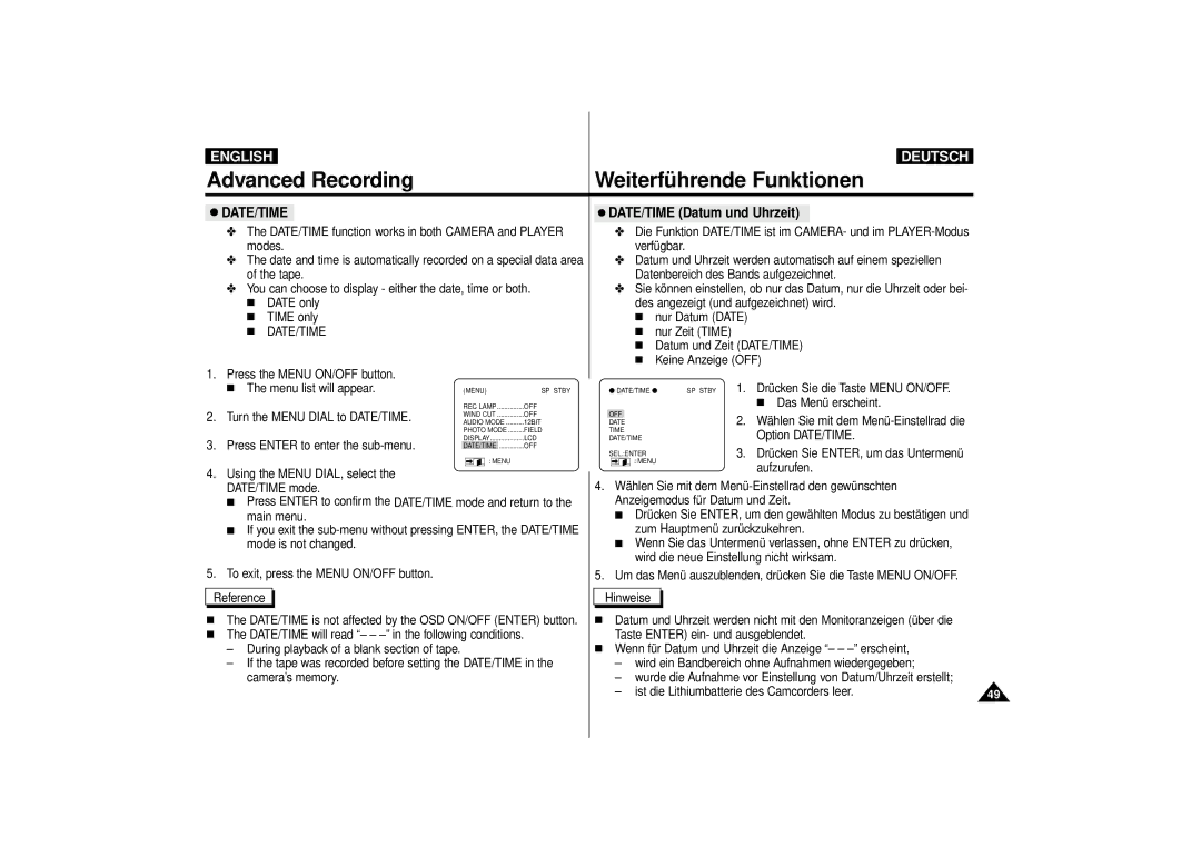 Samsung VP-D10i, VP-D11i, VP-D15i, VP-D10, VP-D11, VP-D15 manual Date/Time, DATE/TIME Datum und Uhrzeit 