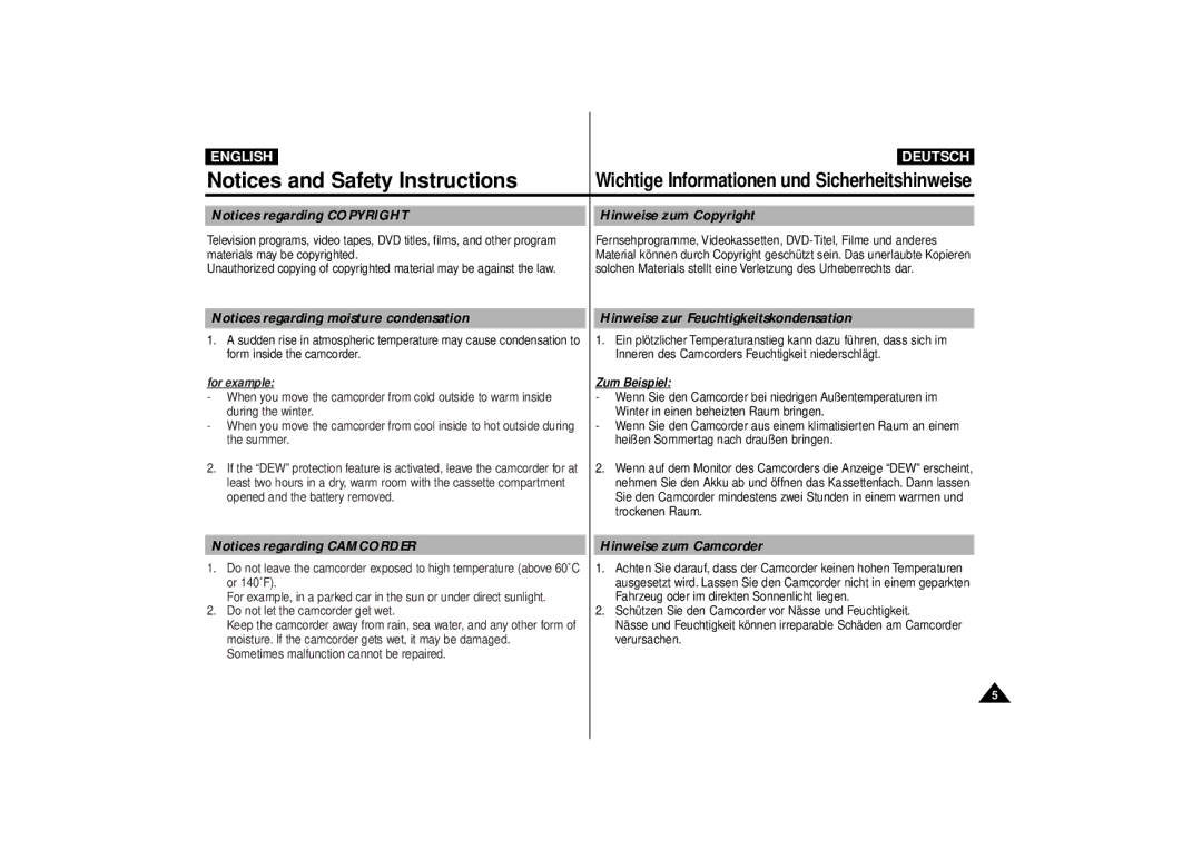 Samsung VP-D10i, VP-D11i, VP-D15i, VP-D10, VP-D11, VP-D15 Hinweise zum Copyright, Hinweise zur Feuchtigkeitskondensation 